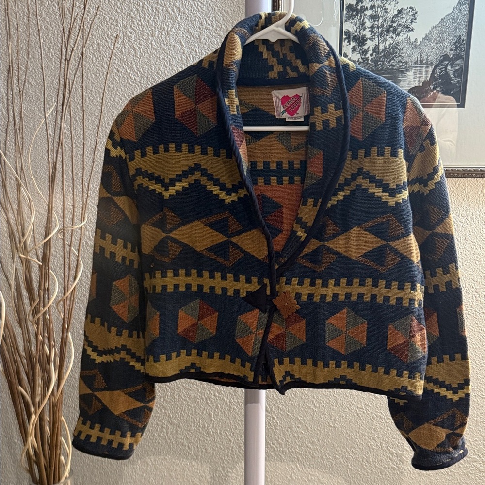 KEREN HART Geometric Crop Blazer - Navy and Gold